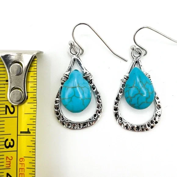 Boho Chic Festival Faux Turquoise and silver tone dangle earrings - Picture 4 of 6